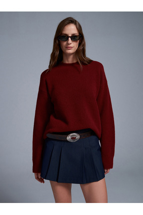 10640 Bisiklet Yaka Yumuşak Dokulu Triko Kazak-Bordo Image 0