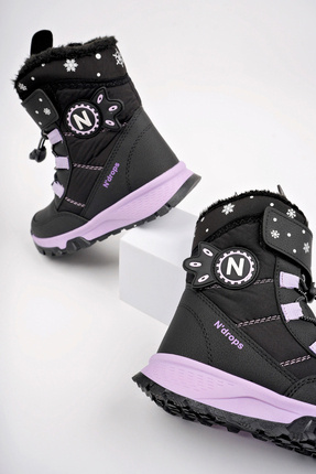 Dayanıklı, Ortopedik, Cırtlı, Siyah-Lila Kız Çocuk Kar Botu Ayakkabı Image 4