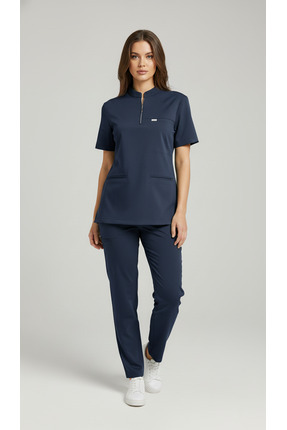 Kadın Likralı Lacivert Takma Kol Fermuar Detaylı Cerrahi Takım Scrubs Üniforma Cerrahi Forma Image 1