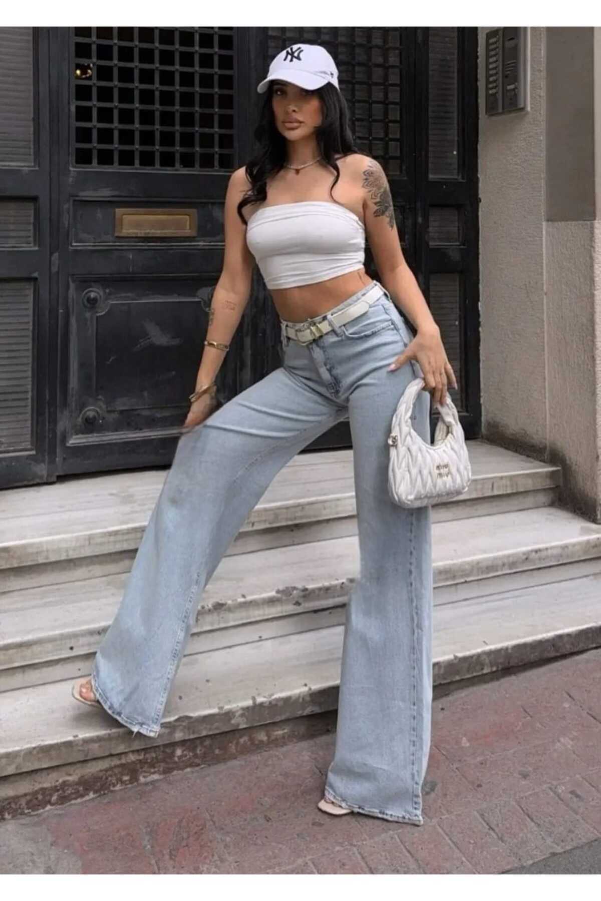 لباسشویی برفی زنانه آبی روشن فاق بلند شلوار جین جین گشاد Lvk-001040a