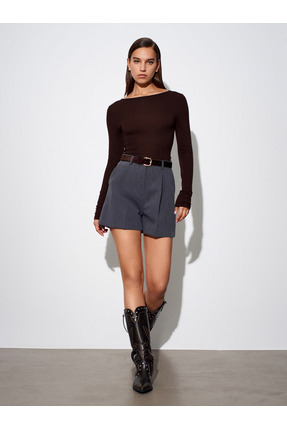 32325 Yün Karışımlı Kayık Yaka Top -Koyu Kahve Image 4