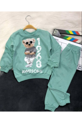 3-6 Yaş Ayıcık Baskılı Pamuklu Bisiklet Yaka Çocuk Eşofman Takımı | Mevsimlik Image 0