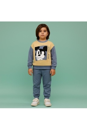 Mickey Mouse Baskılı Eşofman Takımı Alt Üst Çocuk Kombin | Çizgili Bisiklet Yaka | 2-5 Yaş Unisex Image 0
