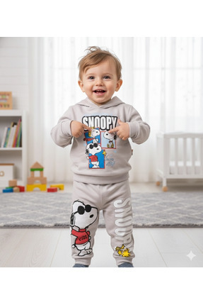 6-24 Ay Snoopy Baskılı Kapüşonlu Bebek Eşofman Takımı | Mevsimlik Image 2