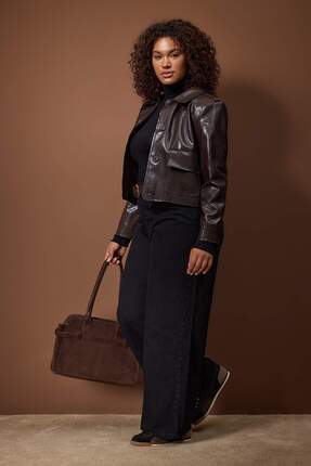 Antrasit Yüksek Bel 90'lar Wideleg/Geniş Paça Büyük Beden Jeans TBBAW26CJ00053 Image 1