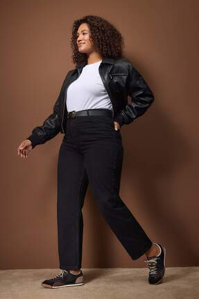 Siyah Yüksel Bel 90'lar Straight Fit Büyük Beden Jeans TBBAW26CJ00052 Image 1