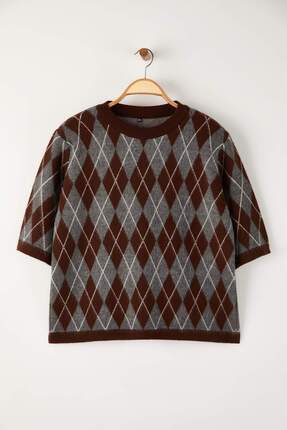 Kahverengi Baklava Desenli Yumuşak Tuşeli Triko Kazak TBBAW26AN00059 Image 4