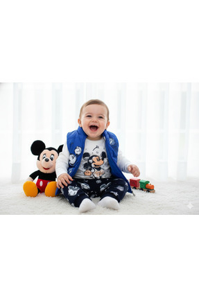 9-24 Ay Mickey Mouse Baskılı 3'lü Yelekli Bebek Takımı | Mevsimlik Image 3