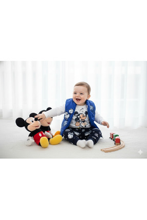 9-24 Ay Mickey Mouse Baskılı 3'lü Yelekli Bebek Takımı | Mevsimlik Image 2