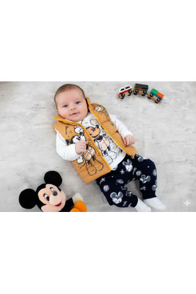 9-24 Ay Mickey Mouse Baskılı 3'lü Yelekli Bebek Takımı | Mevsimlik Image 3