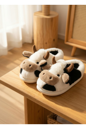 Tatlı İnek Siyah Yumuşak Tüylü Peluş Panduf Terlik Image 2