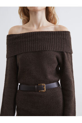 LCW Vision Kayık Yaka Kemerli Triko Elbise Image 2