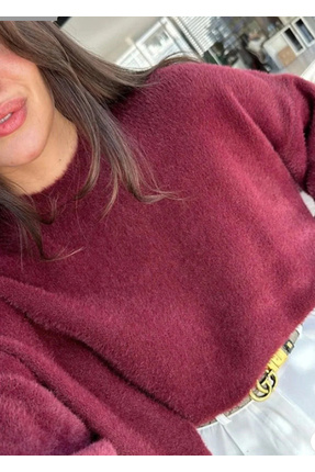 bordo yumoş sakallı iplik boru kol kadın triko kazak Image 1