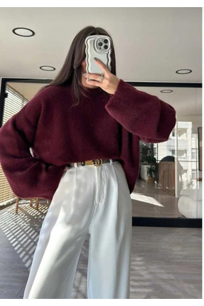 bordo yumoş sakallı iplik boru kol kadın triko kazak Image 0