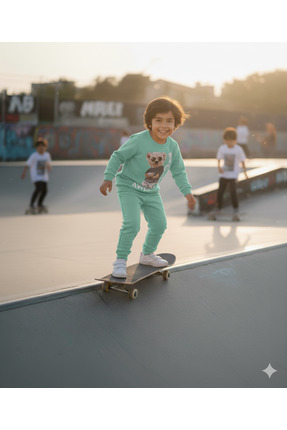 3-6 Yaş Ayıcık Baskılı Pamuklu Bisiklet Yaka Çocuk Eşofman Takımı | Mevsimlik Image 3