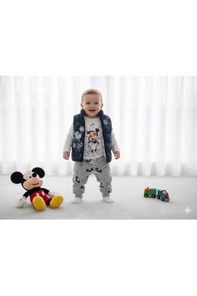 9-24 Ay Mickey Mouse Baskılı 3'lü Yelekli Bebek Takımı | Mevsimlik Image 1