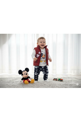 9-24 Ay Mickey Mouse Baskılı 3'lü Yelekli Bebek Takımı | Mevsimlik Image 1