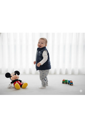 9-24 Ay Mickey Mouse Baskılı 3'lü Yelekli Bebek Takımı | Mevsimlik Image 2