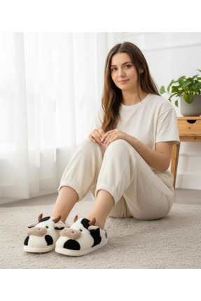 Tatlı İnek Siyah Yumuşak Tüylü Peluş Panduf Terlik Image 4