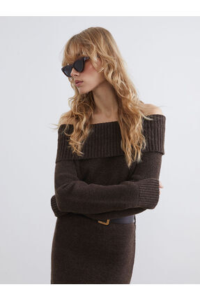 LCW Vision Kayık Yaka Kemerli Triko Elbise Image 1