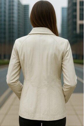Krem Klasik Özel Tasarım Premium Hakiki Deri Ceket Image 1