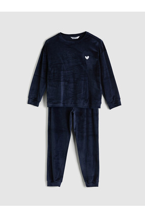 Young Lacivert Bisiklet Yaka Nakışlı Uzun Kollu Kadın Pijama Takımı Image 4