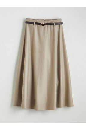Bej Beli Kemerli Kloş Etek Image 4