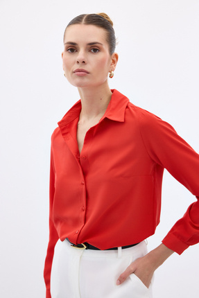 Düz Klasik Gömlek - Kırmızı Image 6