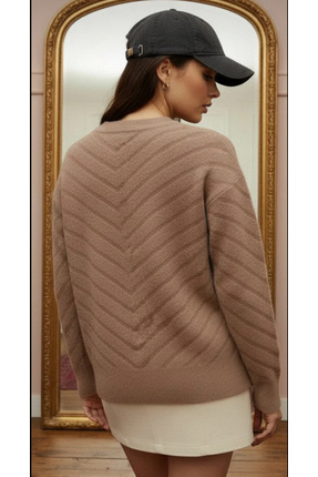 bej bisiklet yaka inci taş detaylı yumuşak dokulu kadın triko kazak Image 3