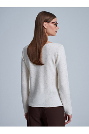 10836 Yün Karışımlı Parıltılı Kayık Yaka Kazak-Krem Image 1