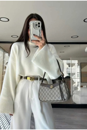 Ekru Yumoş sakallı iplik boru kol kadın triko kazak Image 0