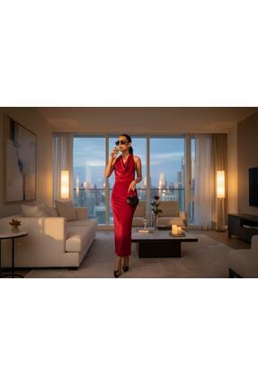 Kırmızı Kadife Sırt Dekolteli Davet Elbisesi Image 1