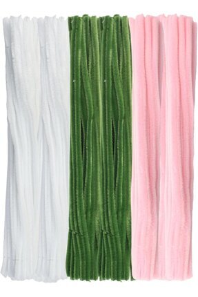 3'lü Şönil Set Pastel Pembe (50) , Beyaz (25) , Ordu Yeşili (25) Şönil ,Çiçek Yapımına Uygun Tüylü Image 1