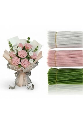 3'lü Şönil Set Pastel Pembe (50) , Beyaz (25) , Ordu Yeşili (25) Şönil ,Çiçek Yapımına Uygun Tüylü Image 0