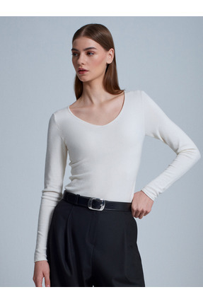 10842 V Yaka Kaşmir Karışımlı Kazak-Ekru Image 2