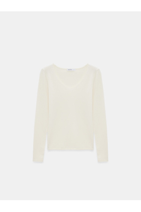 10842 V Yaka Kaşmir Karışımlı Kazak-Ekru Image 5