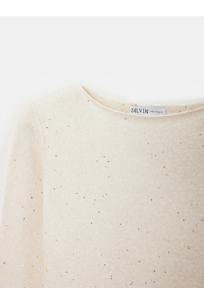 10836 Yün Karışımlı Parıltılı Kayık Yaka Kazak-Krem Image 7