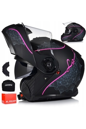 Strobe 2 Lux Mat Siyah-Pembe Çene Açılır Motosiklet Kaskı Image 0