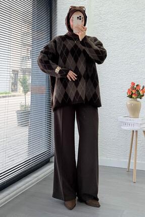 Premium Oversize Baklava Desen Kadın Triko Kazak – Kahverengi Image 4