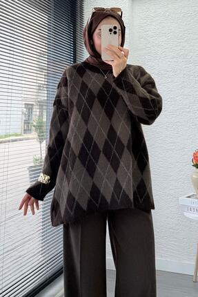 Premium Oversize Baklava Desen Kadın Triko Kazak – Kahverengi Image 5