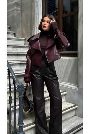 Kadın Bordo Kısa Hakiki Deri Ceket Image 1