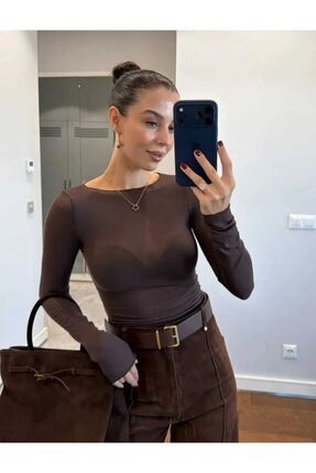 Kadın Kayık Yaka Trend Transparan bluz Image 4