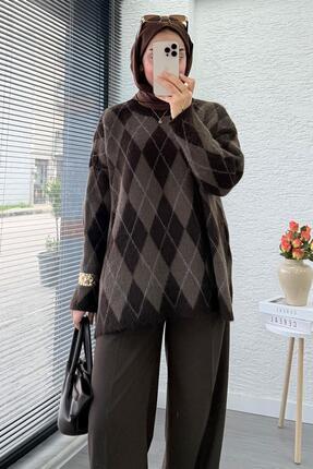 Premium Oversize Baklava Desen Kadın Triko Kazak – Kahverengi Image 1