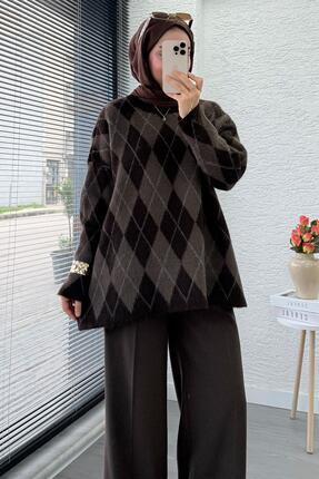 Premium Oversize Baklava Desen Kadın Triko Kazak – Kahverengi Image 0