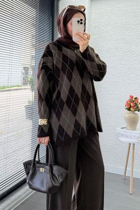 Premium Oversize Baklava Desen Kadın Triko Kazak – Kahverengi Image 3