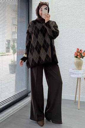 Premium Oversize Baklava Desen Kadın Triko Kazak – Kahverengi Image 6