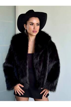 Yumuşak Dokunuşlu Oversize Premium Kürk Peluş Siyah Mont Image 0