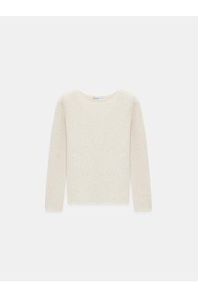 10836 Yün Karışımlı Parıltılı Kayık Yaka Kazak-Krem Image 5