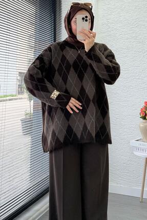 Premium Oversize Baklava Desen Kadın Triko Kazak – Kahverengi Image 2