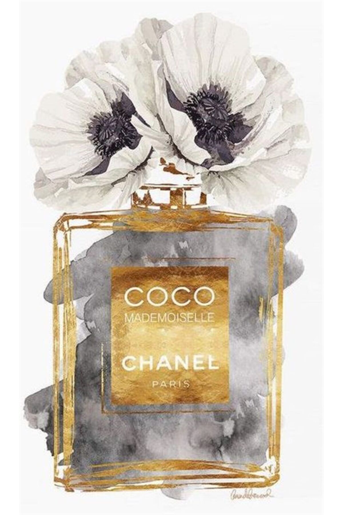 MARCEL SANAT Chanel Parfüm Gri Altın Rengi Şişesi Elmas Mozaik Tablo 36x61cm